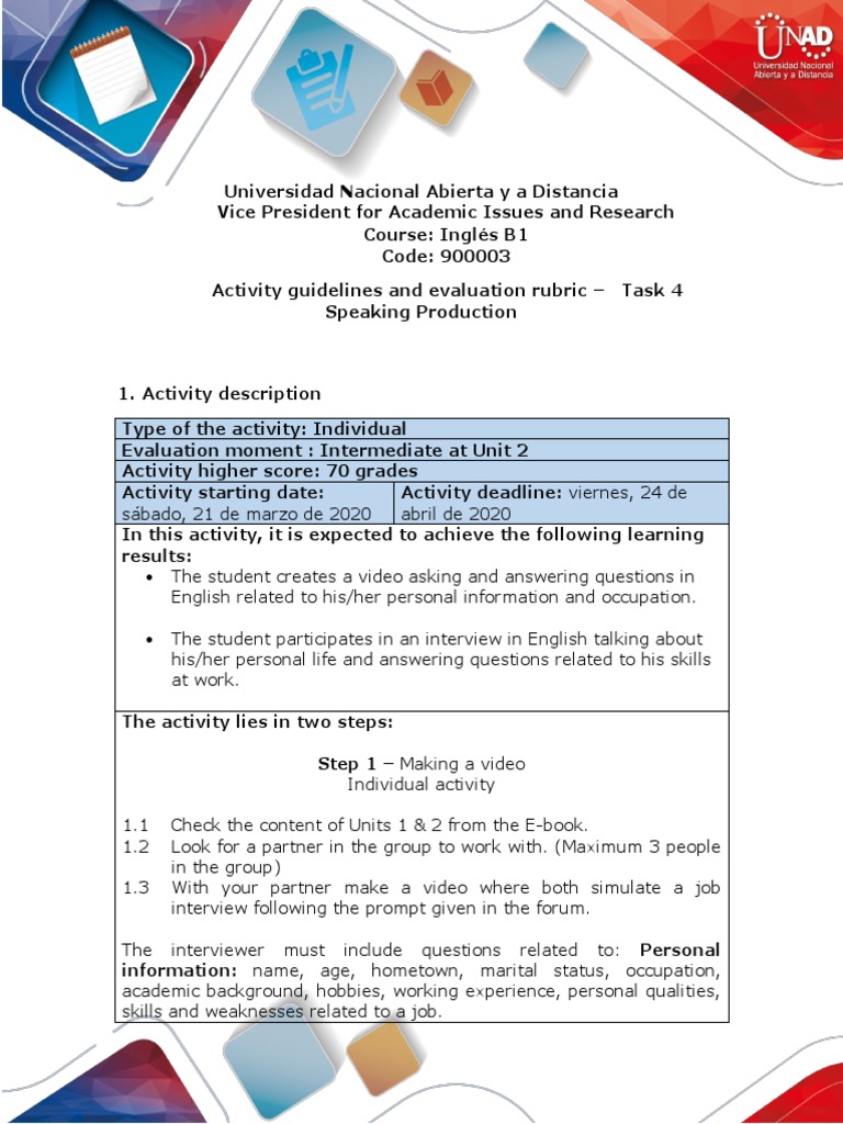 Activities Guide and Evaluation Rubric - Unit 2 - Task 4 - Speaking ...