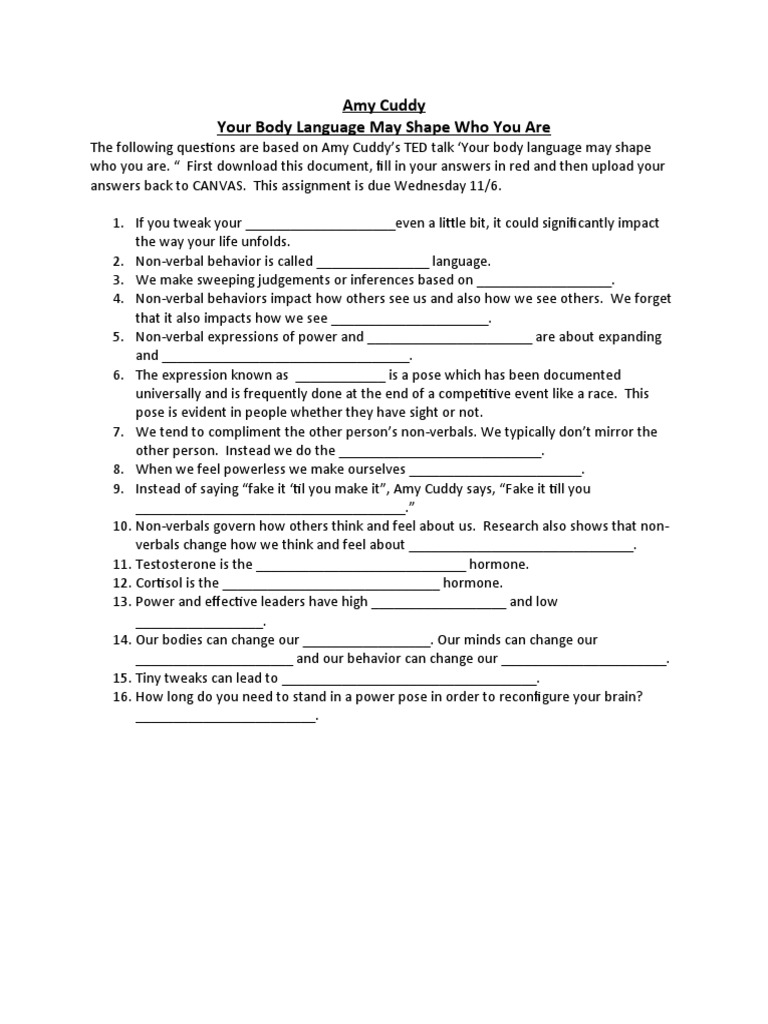 Amy Cuddy Worksheet PDF