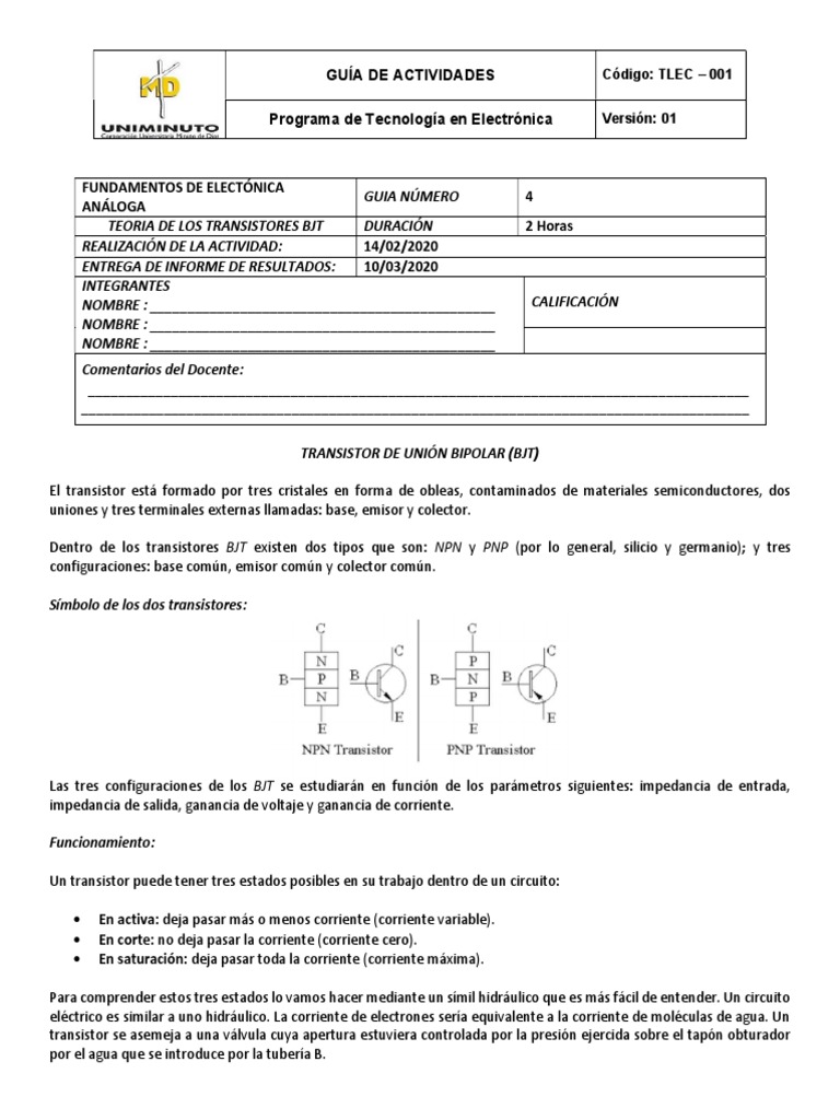 Actividad No. 3. TEORIA DE LOS TRANSISTORES BJT PDF PDF Transistor