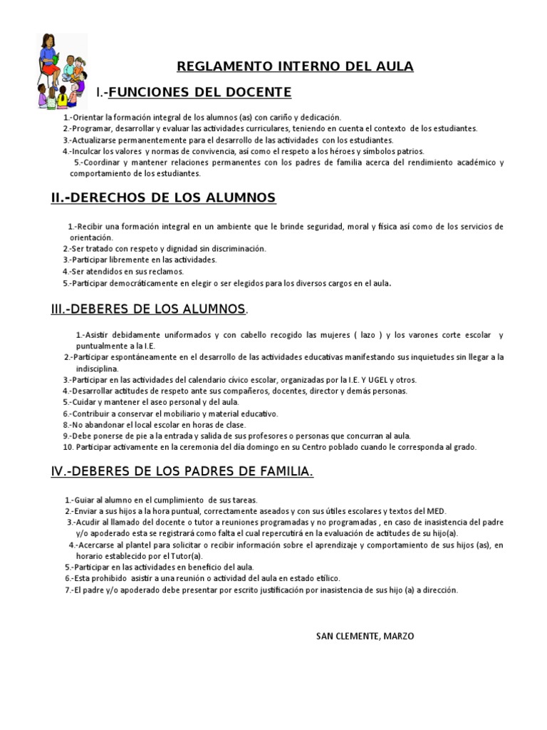 Reglamento Interno del Aula Escolar | PDF | Salón de clases | Plan de ...