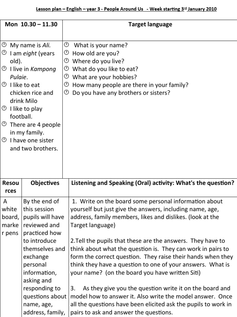 Lesson Plan January Week 1 | PDF | Neuropsychological Assessment ...