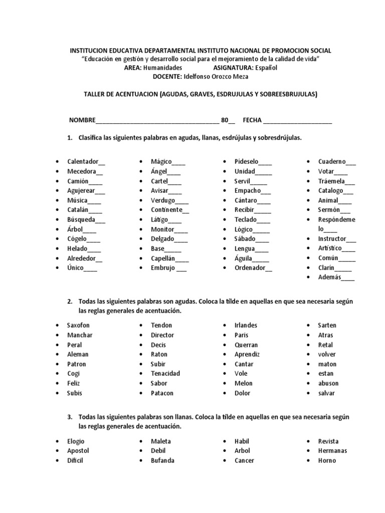 Como Es Una Palabra Aguda Grave O Esdrujula Taller Acentuacion (Agudas, Graves, Esdrujulas y Sobreesdrujulas) Teacher |  PDF | Mecánica del lenguaje | Onomástica