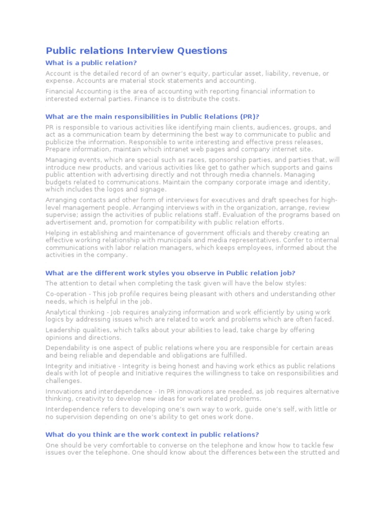 Public Relations Interview Questions Public Relations Press Release