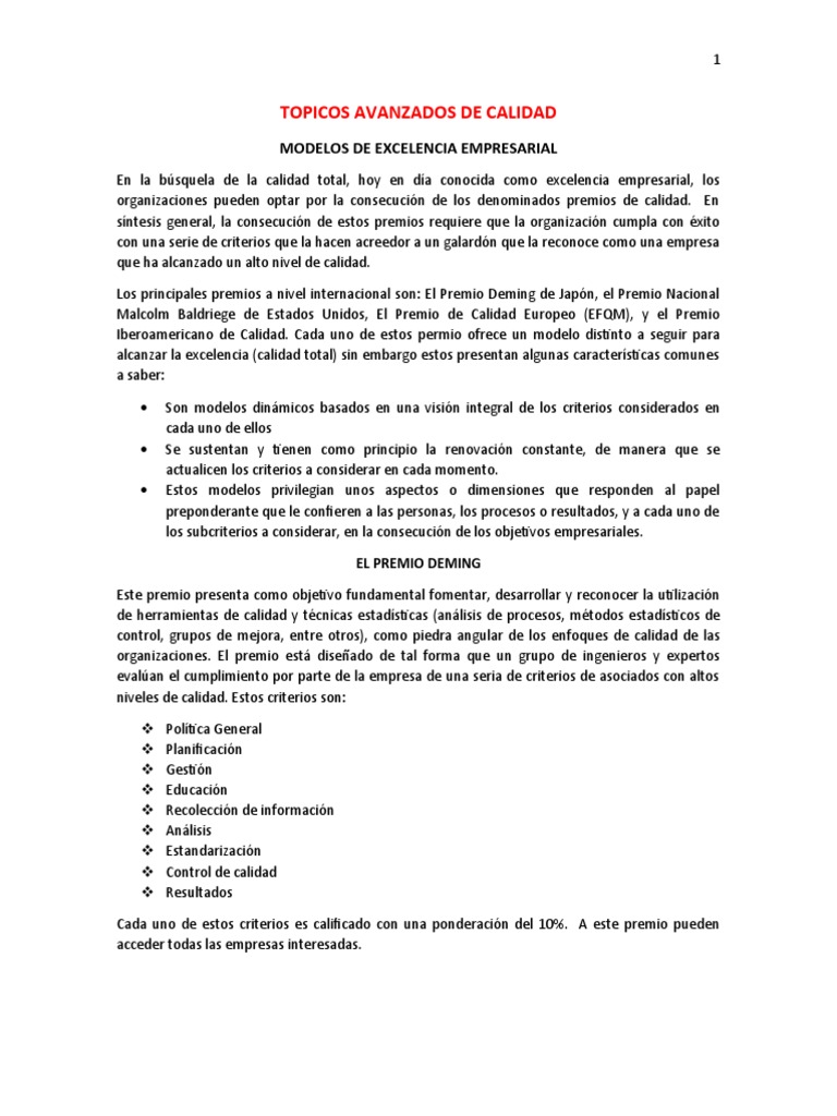 Modelos de Excelencia Empresarial y Premios | PDF | Six Sigma | Calidad ...