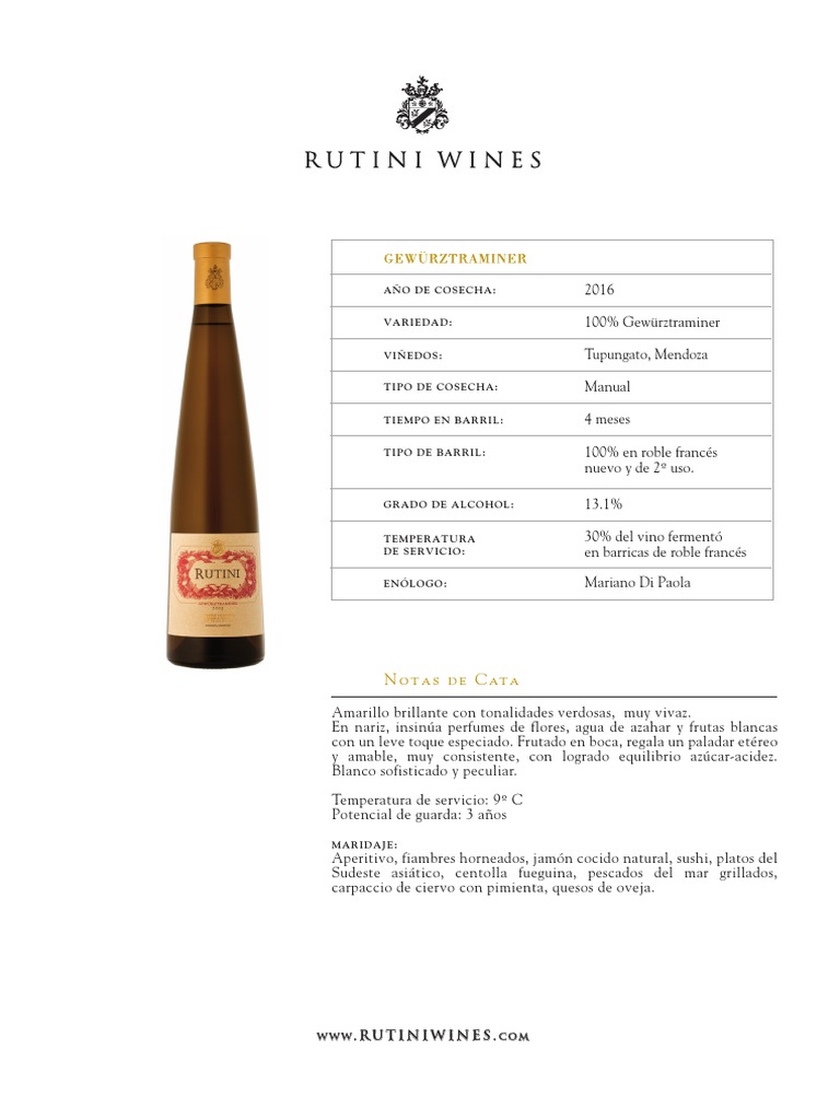 Gewürztraminer Rutini 2016: Notas de Cata | PDF