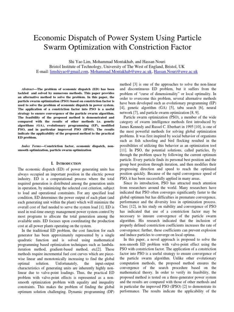 PSO for Economic Dispatch Optimization | PDF | Mathematical ...