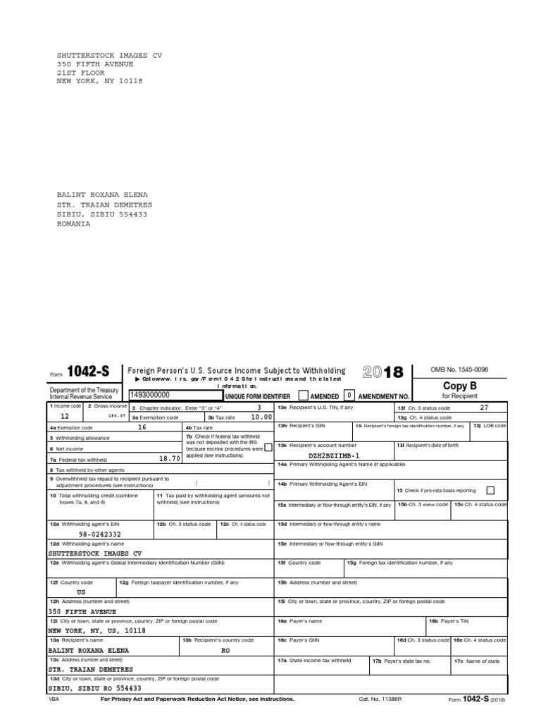 Form 1042-S: U.S. Income Withholding | PDF | Withholding Tax | Internal ...
