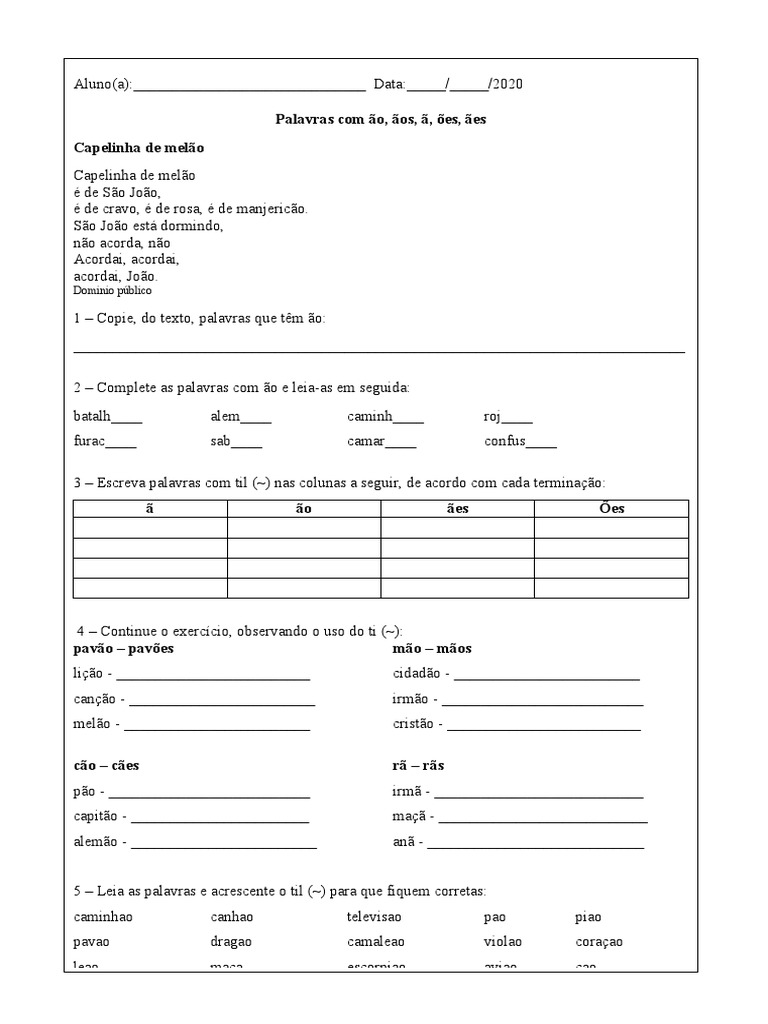 Atividades com Palavras Terminadas em ão | PDF