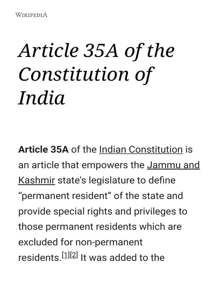 Picture of Article 35A of the Constitution of India