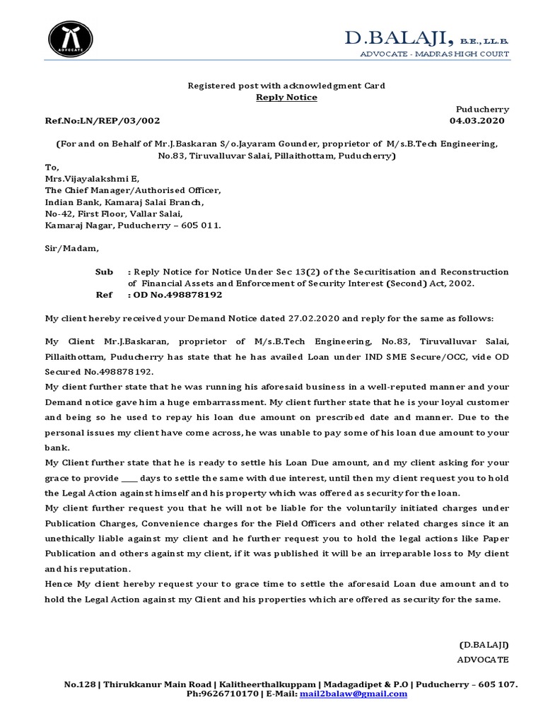 Reply to Bank Demand Notice | PDF | Loans | Business Law