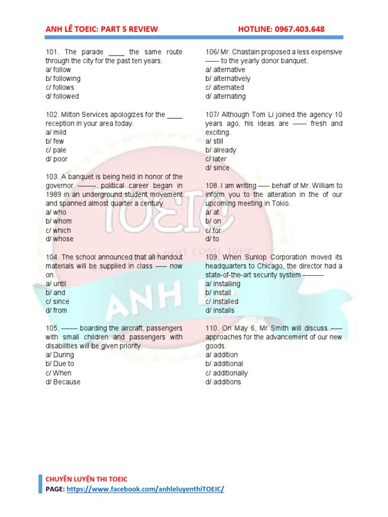 TOEIC Part 5 Practice Questions | PDF | Business