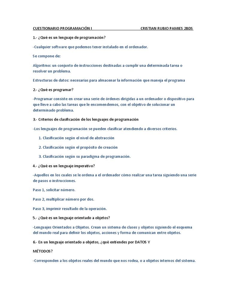 Cuestionario Programación I Pdf Programa De Computadora Programación