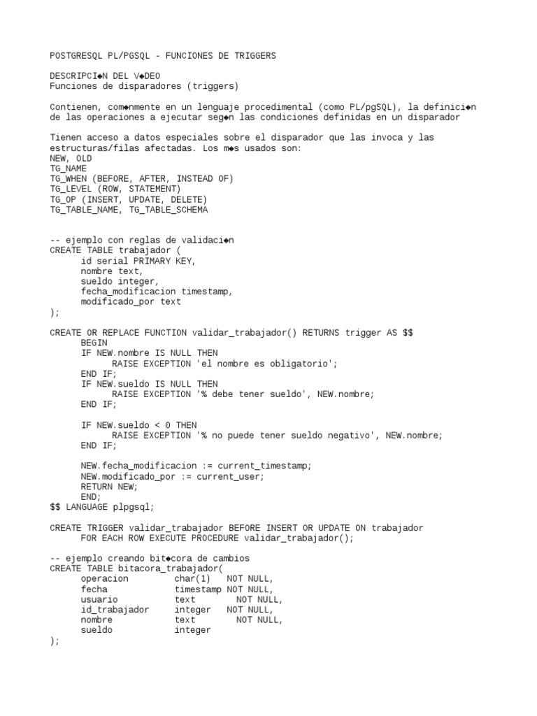 Funciones y Ejemplos de Triggers en PostgreSQL | PDF | Postgre Sql ...