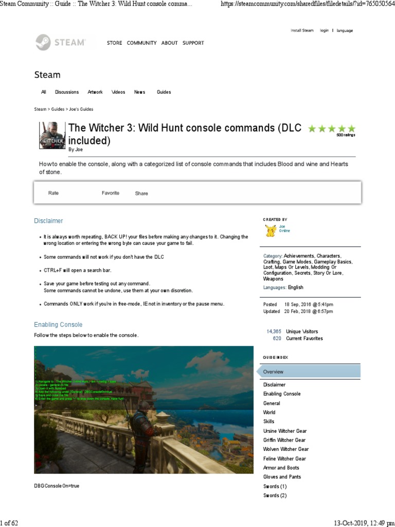 The Witcher 3 Console Commands PDF Leisure Sports