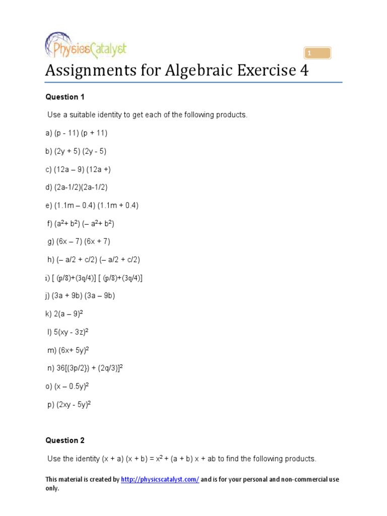 Assignments Class8 Algebraic 4