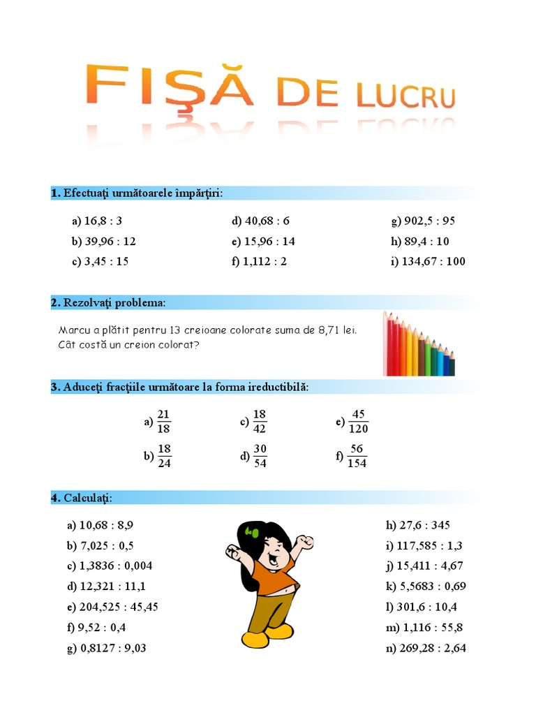 Fise De Lucru Impartirea Impartirea Fractiilor Zecimale - Fisa de Lucru | PDF