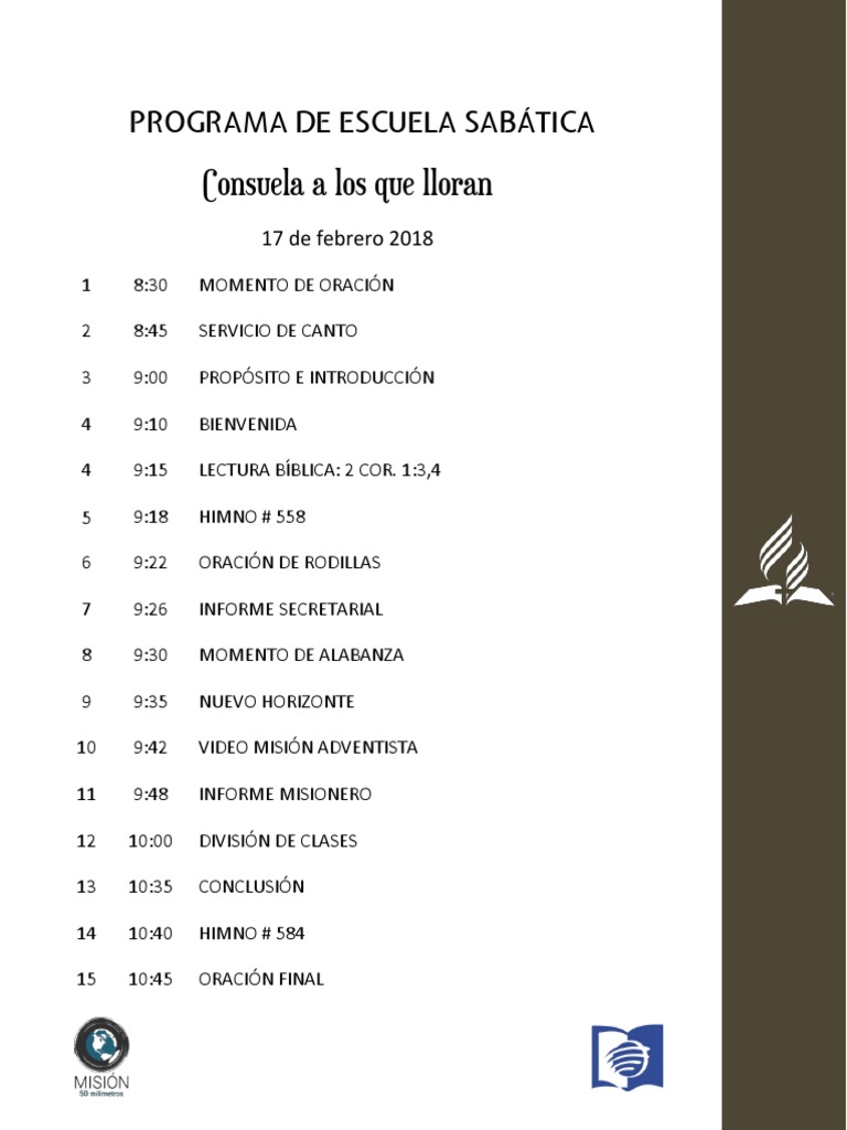 Programa de Escuela Sabática 17 Febrero PDF Oración Amor