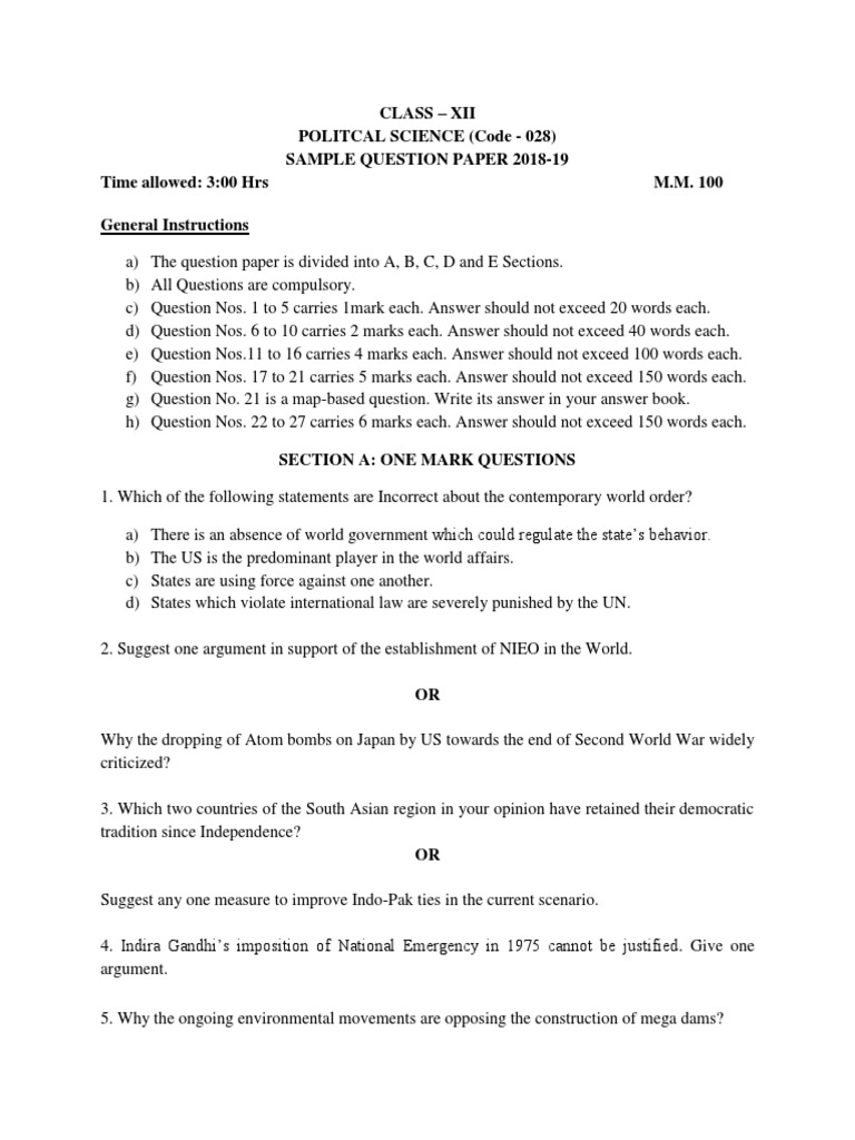 Class 12 Political Science Sample Paper | PDF | Government | Public Sphere