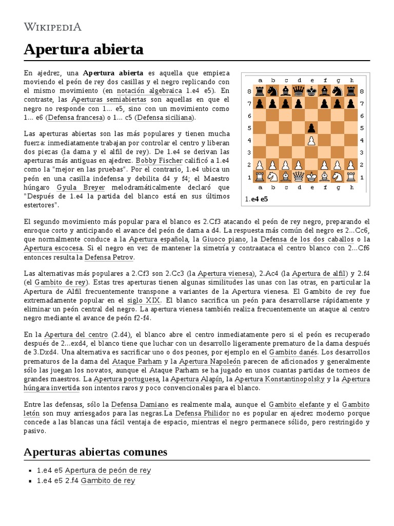 Apertura - Abierta en Ajedrez | PDF | Aperturas de ajedrez | Juegos ...