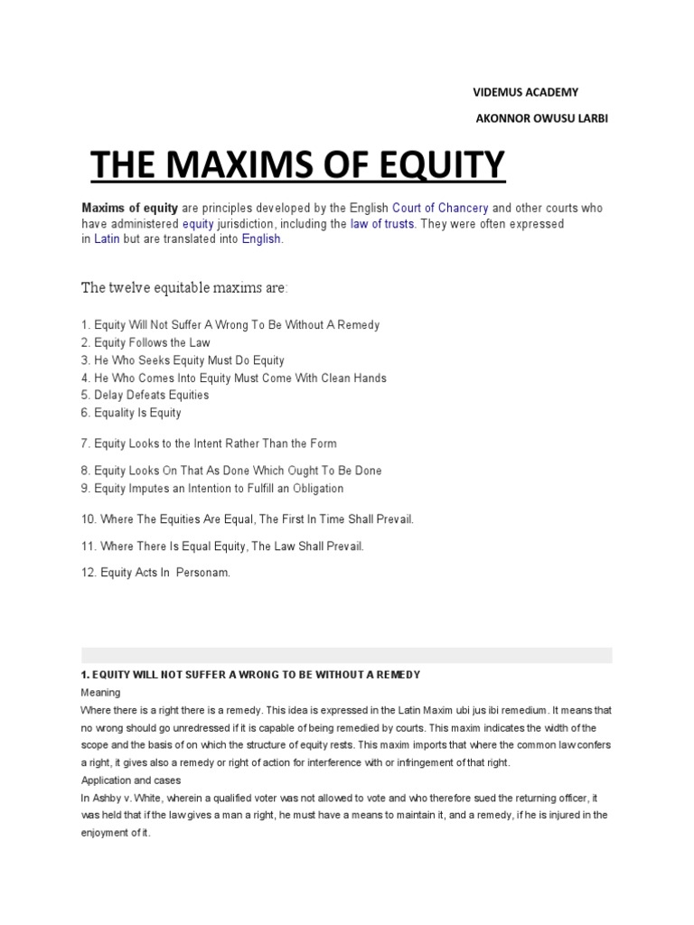 The Maxims of Equity PDF Laches (Equity) Equity (Law)