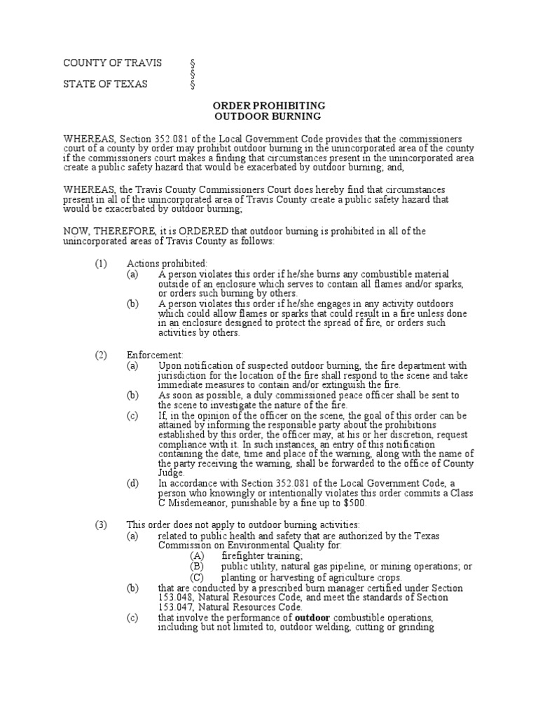 Travis County Burn Ban PDF Fires Law Enforcement Officer