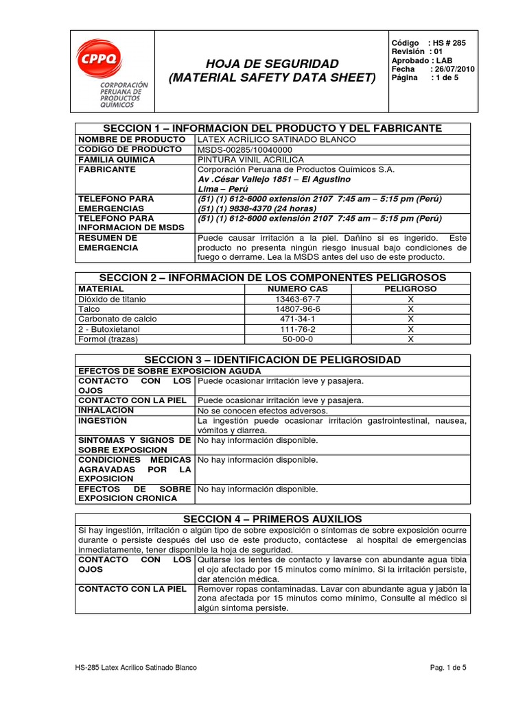 MSDS Latex Acrilico Satinado CPP PDF | PDF | Agua | Química
