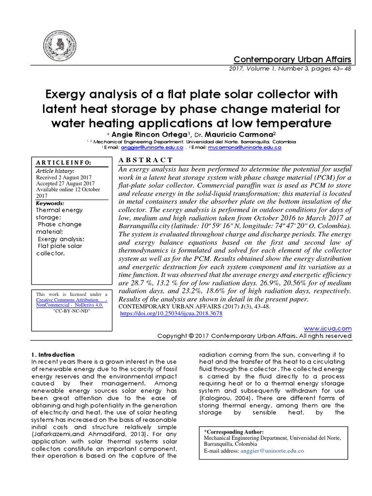 Exergy Analysis of A Flat Plate Solar Collector With Latent Heat ...
