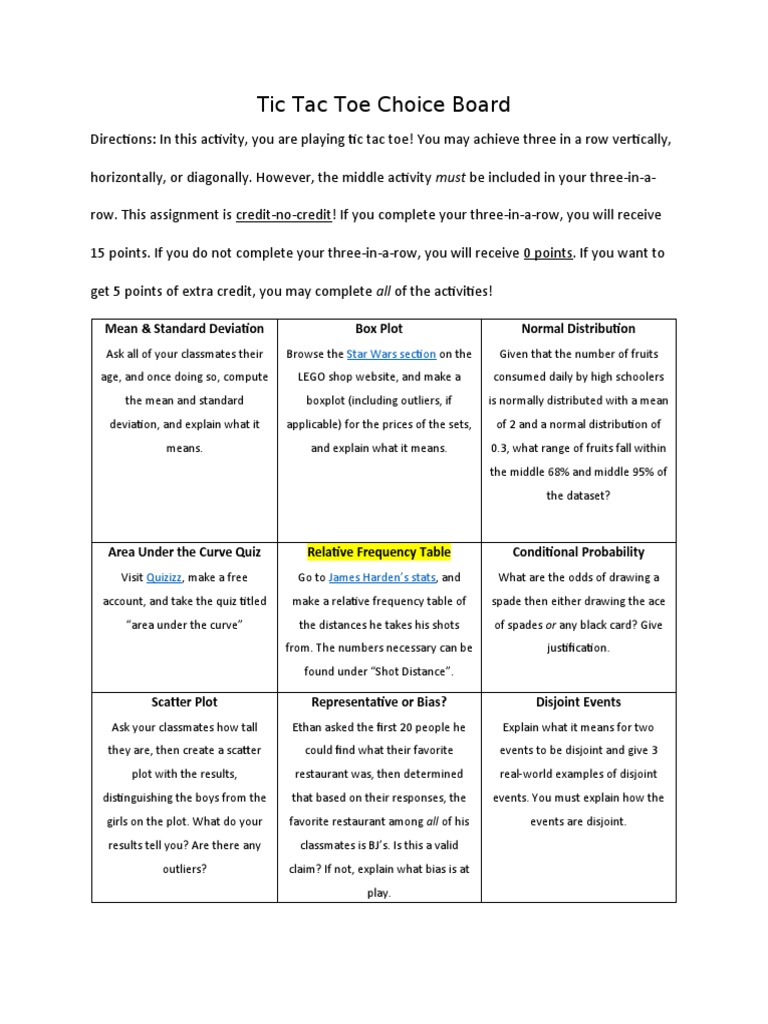 Tic Tac Toe Choice Board  PDF  Outlier  Normal Distribution Inside Tic Tac Toe Menu Template