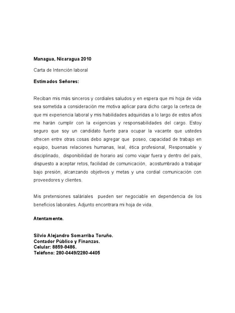 Carta de Intecion Laboral 2010