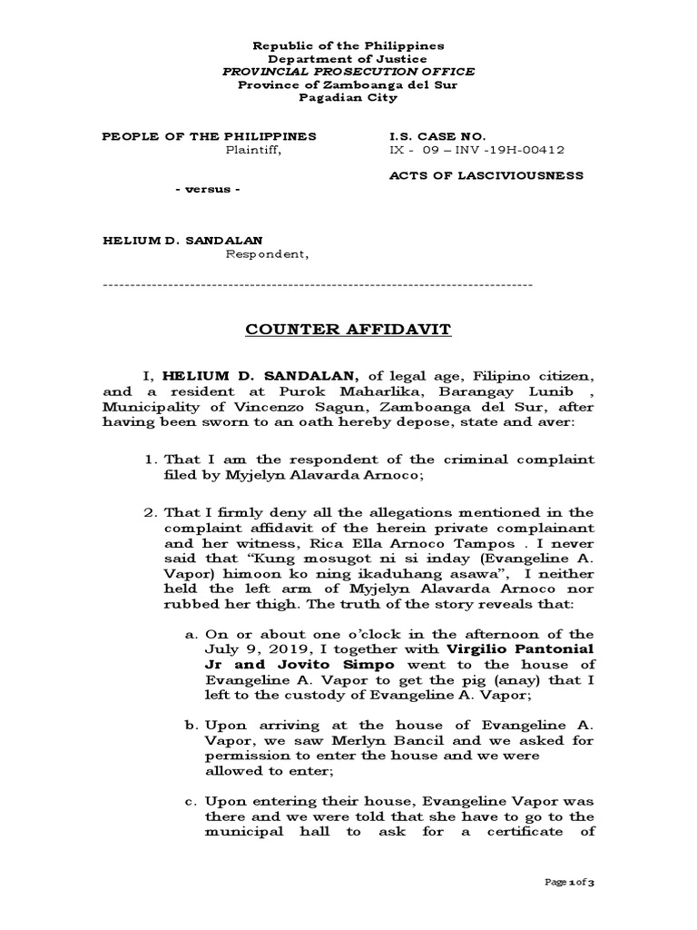 Counter Affidavit on Lasciviousness Case | PDF | Affidavit | Common Law