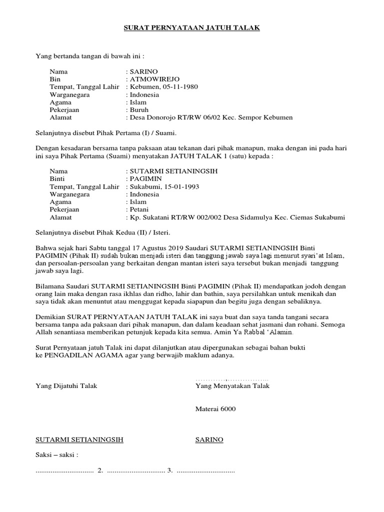 Contoh Surat Talak 3 | PDF