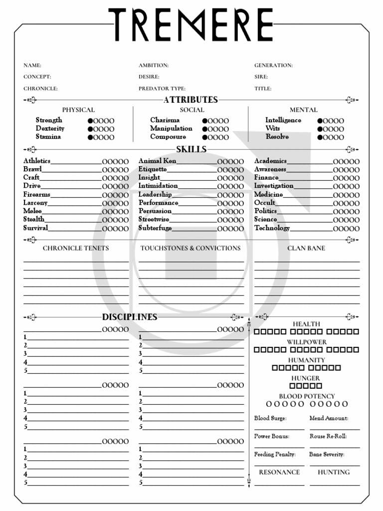 WOD - Vampire - The Masquerade - Character Sheet - Tremere by