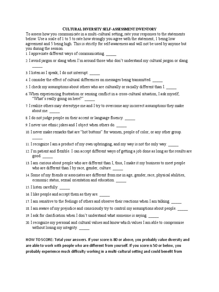 Cultural Diversity Self Assess | PDF | Consciousness | Spirituality
