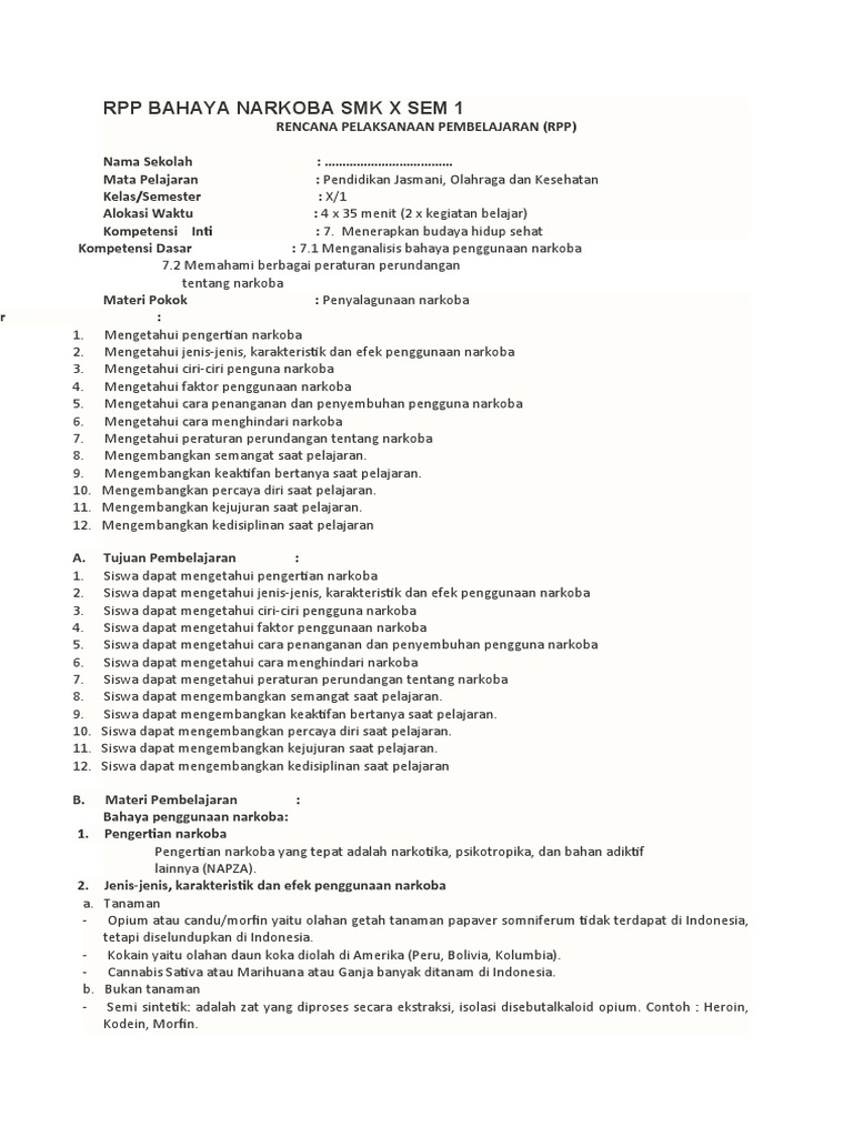 Rpp Bahaya Narkoba Smk X Sem 1