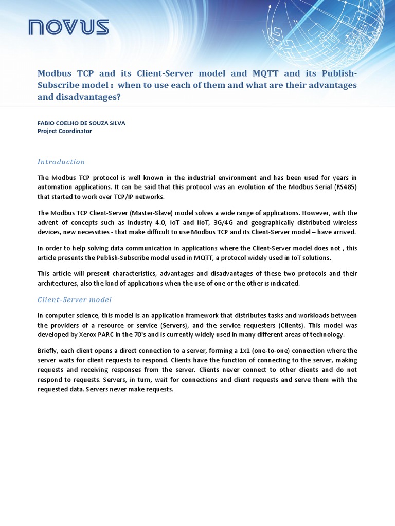 Modbus TCP and Its Client-Server Model and MQTT and Its Publish ...