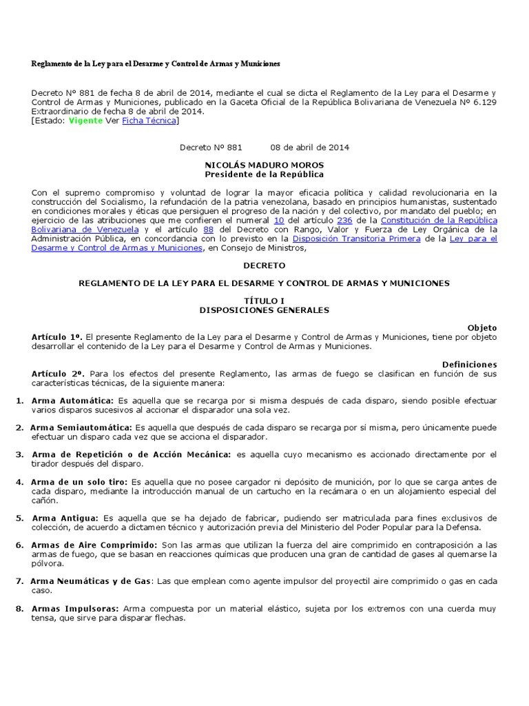 Reglamento de La Ley para El Desarme y Control de Armas y Municiones