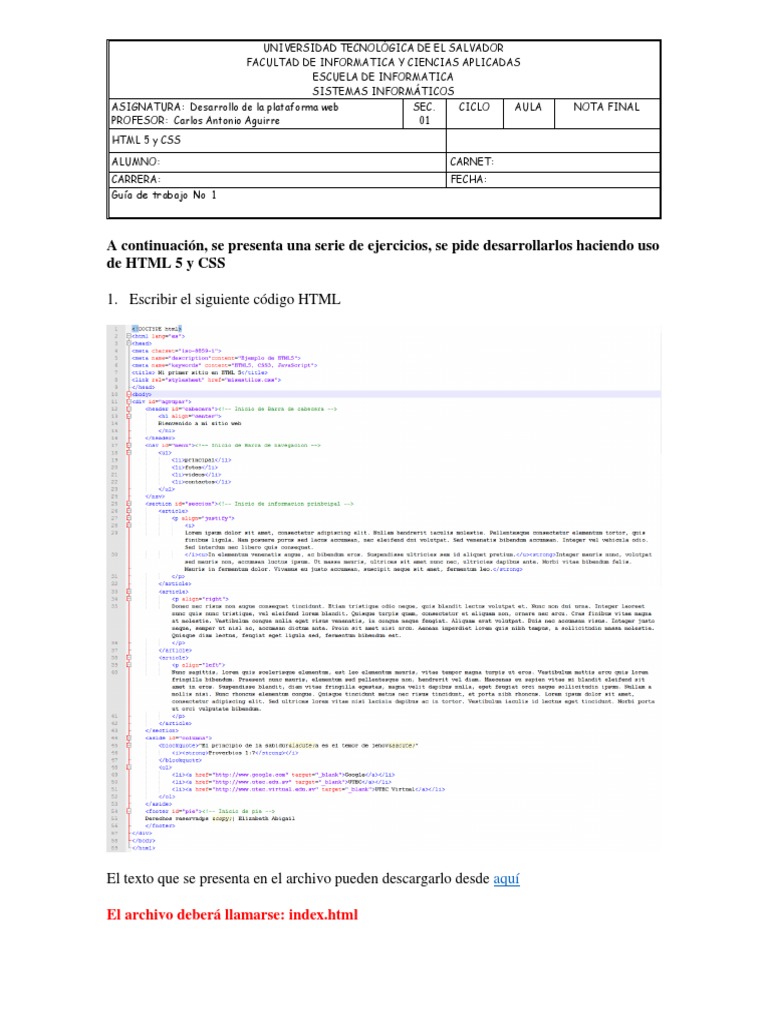 Guia No 1 html5 y Css | PDF