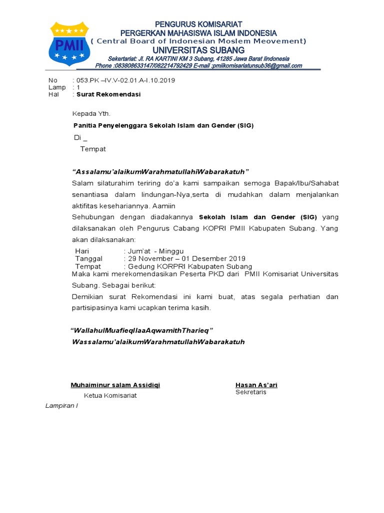 Contoh Surat Rekomendasi Sig