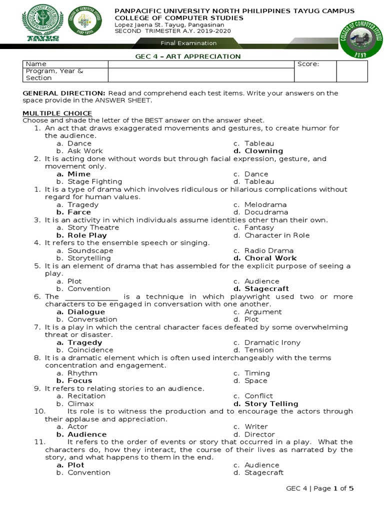 Gec 4 Art Appreciation Final Exam PDF Play (Theatre) Plot