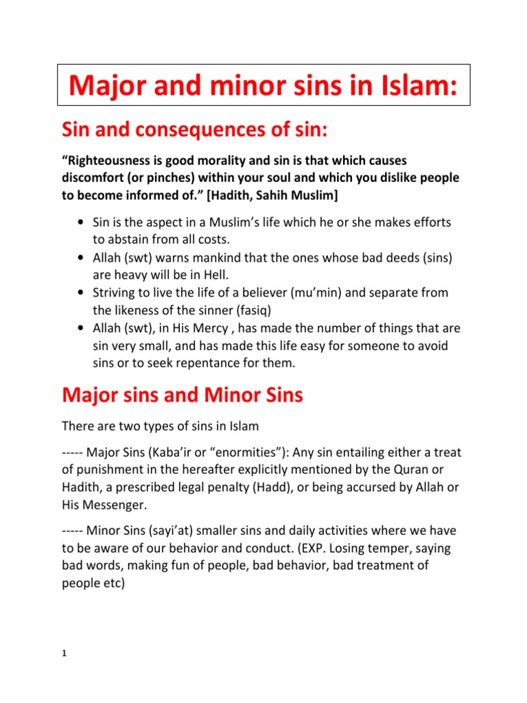 Major and Minor Sins in Islam PDF Religious Belief And Doctrine Religious Behaviour And