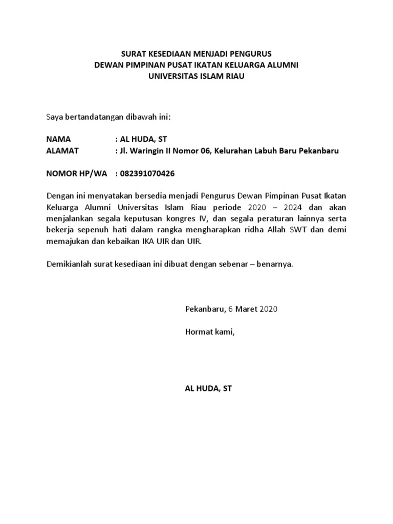 Surat Kesediaan Menjadi Pengurus 1 | PDF