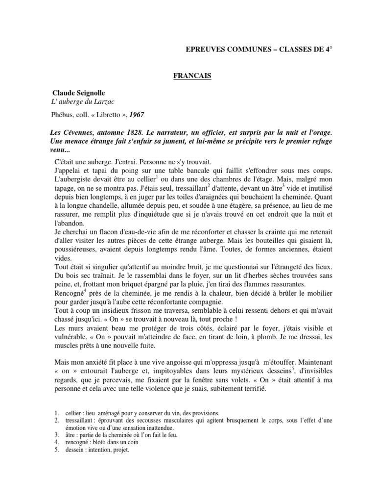 épreuve Commune 4ème Francais Avec Correction Pdf 2007 B1 4eme Francais | PDF