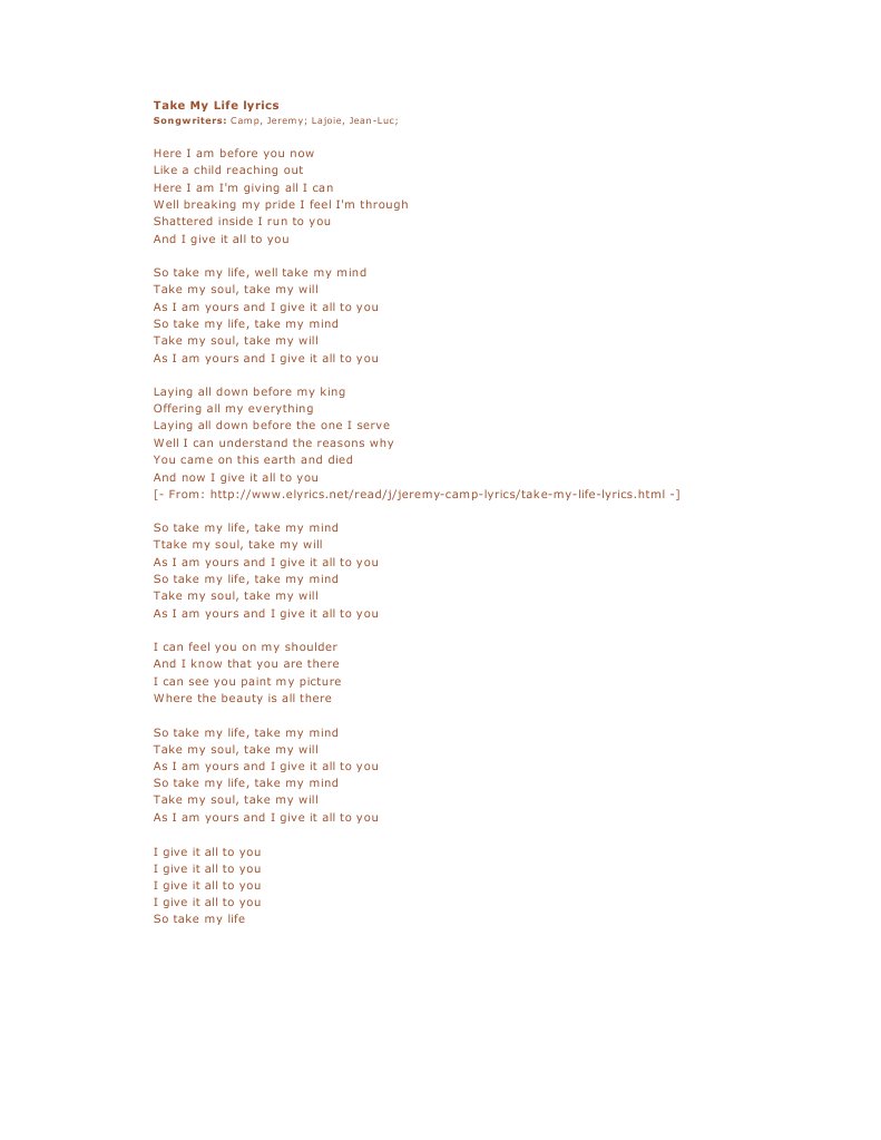 Take My Life Lyrics