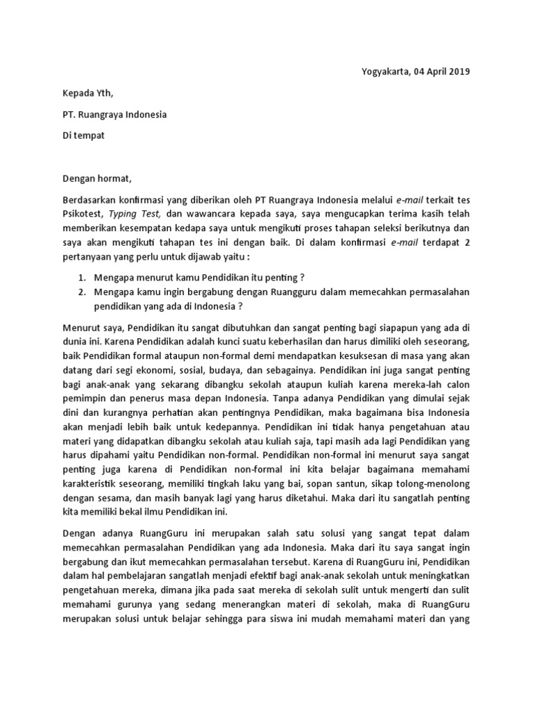 Cover Letter Untuk Ruang Guru
