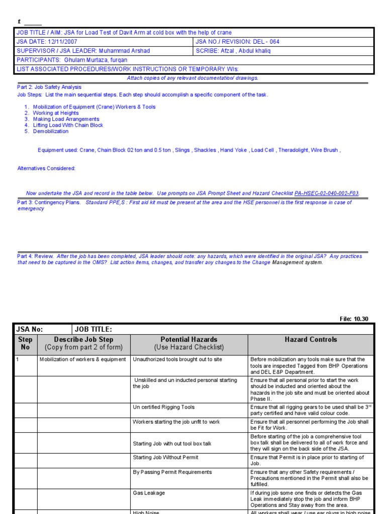 DEL - 064 Jsa For Load Test of Davit Arms | PDF | Safety