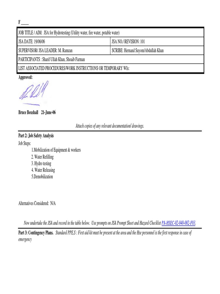 Jsa For Hydrotesting Pdf Pdf Safety Nature