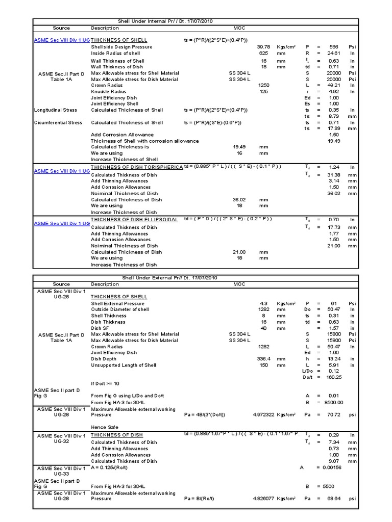 Thickness Calculation of Pressure Vessel Shell PDF Materials