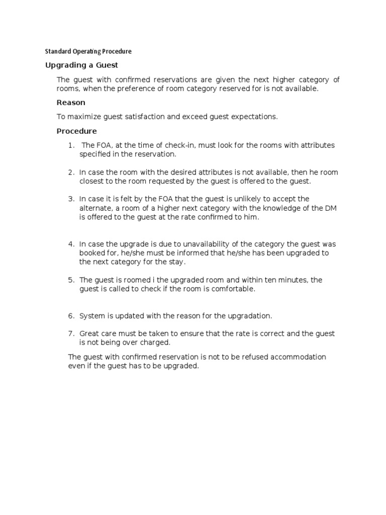 Hotel SOP On Upgrading A Guest | PDF