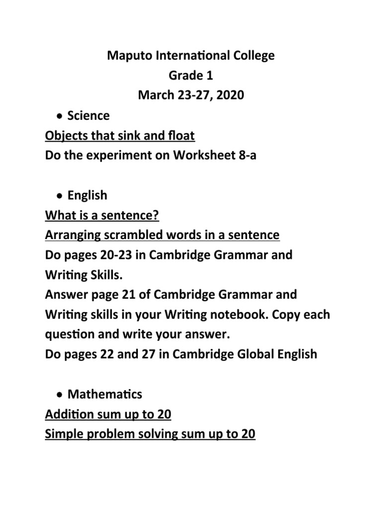 Outline of Grade 1 Lessons On Math, Science, and English | PDF
