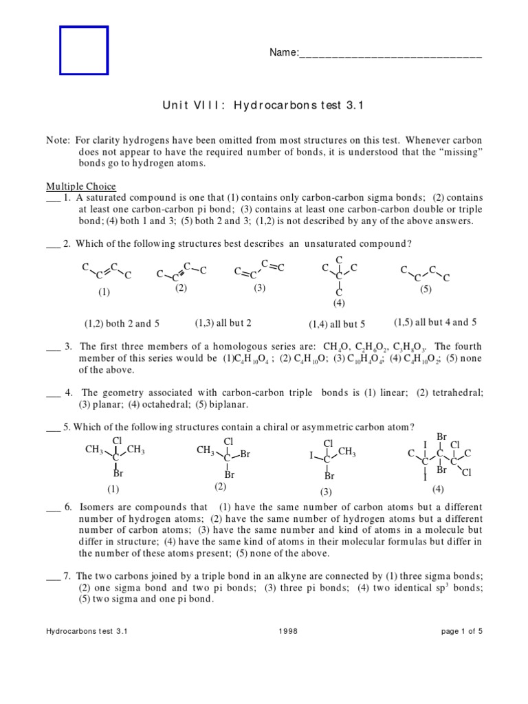 Hydrocarbons Test 3.1 Questions | PDF | Molecular Orbital | Carbon